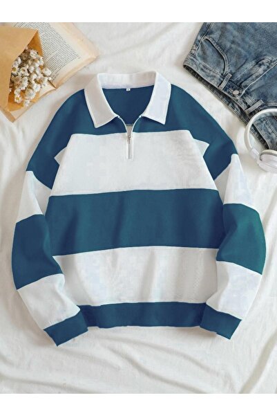 RASCHA Unisex Petrol Blue Striped Oversize Polo Neck Half Zipper Sweatshirt