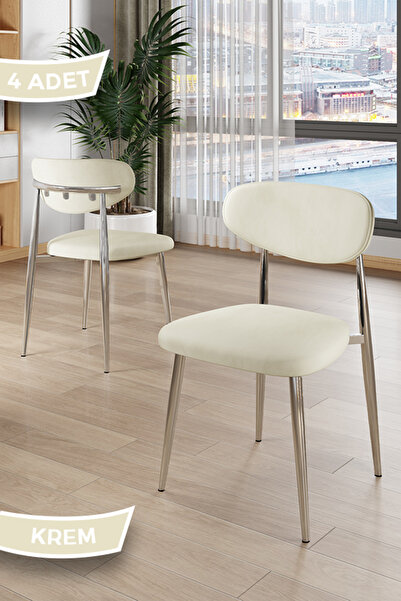 Canisa Laos Serisi 4 Adet Krem Mutfak Sandalyesi Krom Kaplama Metal Ayak 1.Sı...