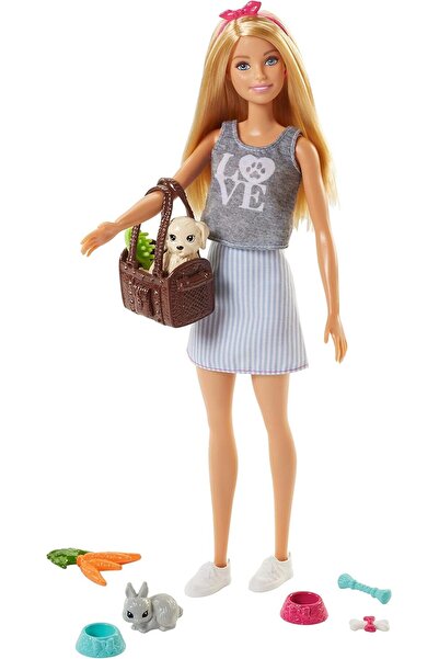 Barbie دمية مع جرو وأرنب، مجموعة من 7 قطع بطابع الحيوانات الأليفة