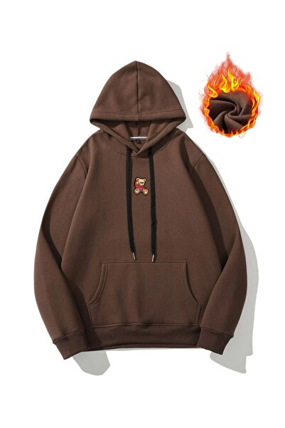 RASCHA سويت شيرت بقلنسوة كبير الحجم مطبوع عليه دمية دب بني للجنسين