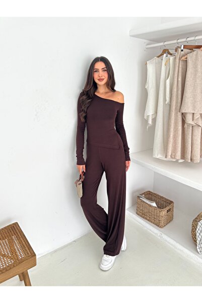 FEWTİNT Asymmetrical Neckline, Long Sleeves, and Off-The-Shoulder Blouse. Elastic Waist Long Pants.