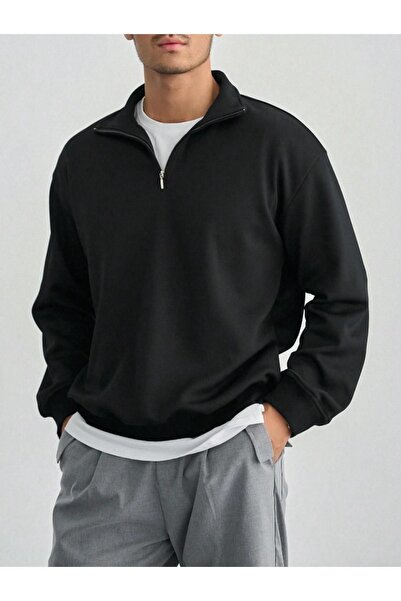 ORLONTEX Men's Black Half Zipper Oversized Polo Neck Sweatshirt