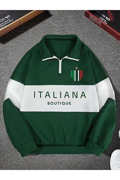 ORLONTEX Unisex Green Boutique Printed Oversized Piece Polo Neck Zippered Swe...