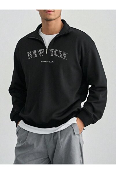 ORLONTEX Men's Black New York Printed Half Zipper Oversized Polo Neck Sweatshirt