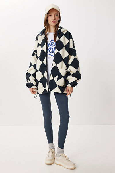 Lovelyİstanbul Hooded Patterned Oversized Plush Coat Lci0064 Black Bone