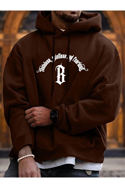 ORLONTEX Unisex Brown Fealress Printed Hooded Oversize Sweatshirt