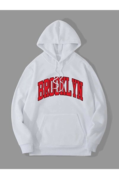 RASCHA Hanorac oversize cu glugă, alb, unisex, cu imprimeu Brooklyn