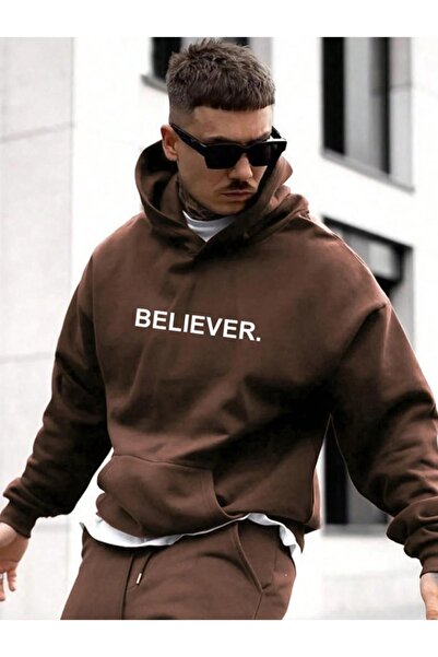 ORLONTEX Hanorac oversize cu glugă cu imprimeu Brown Believer pentru bărbați
