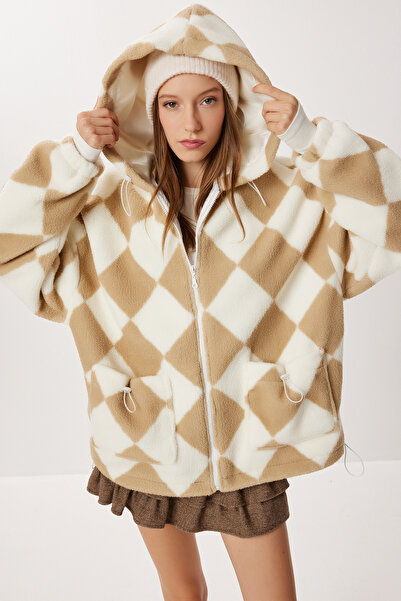 Lovelyİstanbul Hooded Patterned Oversized Plush Coat Lci0064 Biscuit Bone