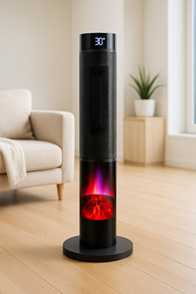 Grooth Kule Tipi Dikey Fanlı Seramik Isıtıcı Uzaktan Kumandalı Şömine Efektli PTC Isıtıcı