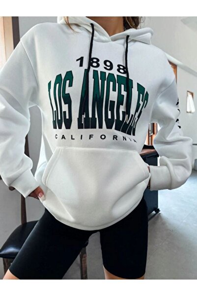 ORLONTEX Unisex Λευκό Los Angeles μανίκι με στάμπα με κουκούλα oversize φούτερ