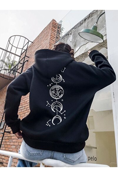 RASCHA Φούτερ με κουκούλα Unisex Μαύρο Galaxy Printed Oversize