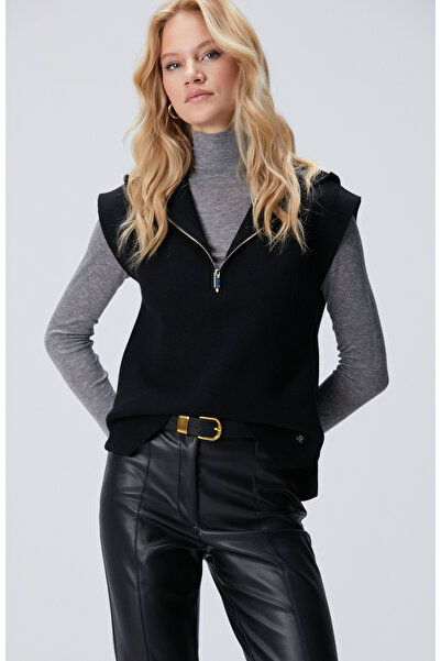 Network Siyah Verev Desen Örgü Kapüşonlu Kolsuz Kazak