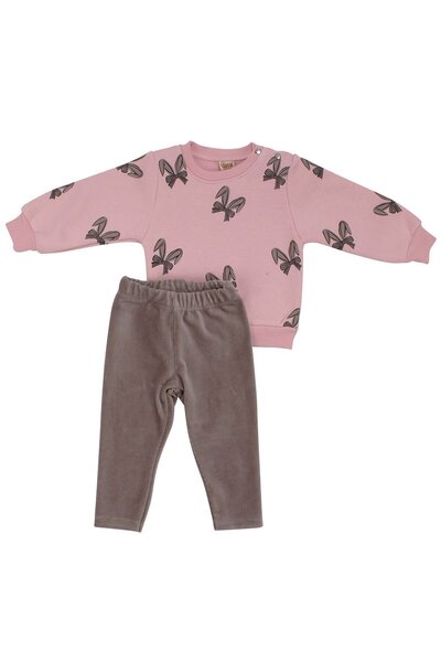 bebegen Kız Bebek Pembe Kahve Fiyonklu Baskılı Kadife Fitillli Taytlı 2'li Takım
