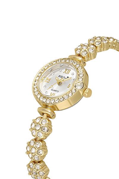 Poloair Lüx Taşlı Çiçek Desen Kordon Kadın Kol Saati Gold Renk PL-1584B1x