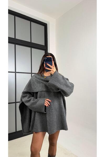 Gaus Gray Shawl Detailed Knitwear Sweater Gaus-00774