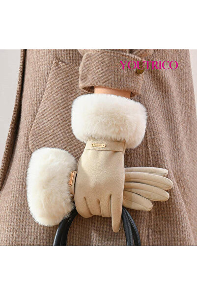 Youtrico Women's Winter Large Fur Cuff Gloves, Warm and Cold-Resistant Thick Gloves for Outdoors