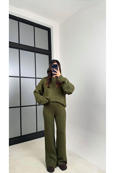 Gaus Haki Saç Örgülü Kazak Beli Lastikli Pantolon Triko Takım GAUS-00592