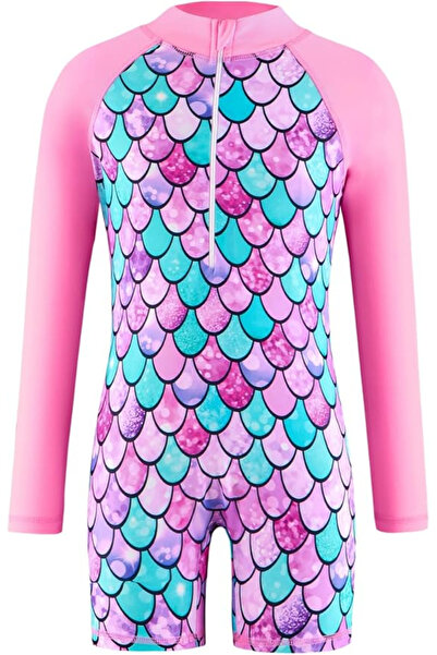 OEM Girls' one-piece swimsuit, long sleeves, UV protection, 130 pink