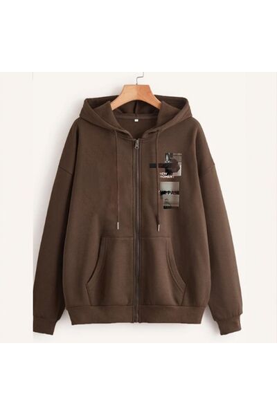 RASCHA Unisex Brown New Moment Zippered Hooded Cardigan