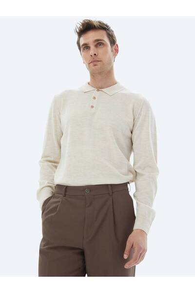 Kip Beige Polo Neck Plain Knit Wool Blended Sweater
