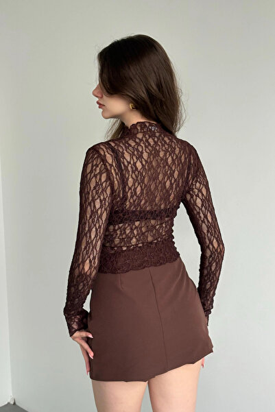 MİROR Women's Brown Long Sleeve Half Turtleneck Lace See-Through Blouse