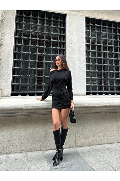 FEWTİNT Suit-Elastic Waist, Lined, Mini Skirt. Long Sleeves. Asymmetric Neckline. Crop Bluse.