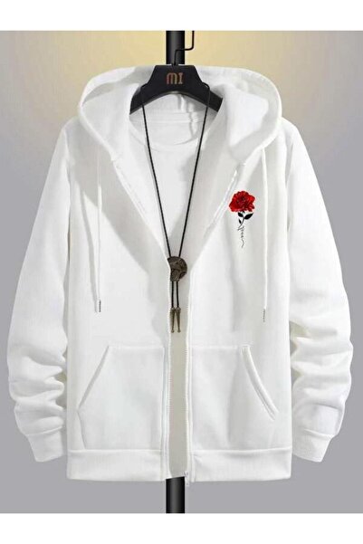 RASCHA Cardigan supradimensionat cu glugă, cu fermoar, imprimeu flori albe