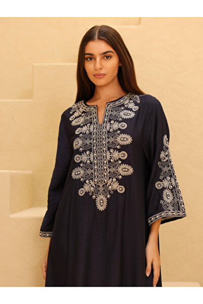 IKKXA Solid Casual Jalabiya Embroidery Details on Front and Sides