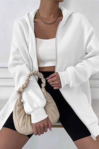 RASCHA Women's White Oversize Hooded Cardigan