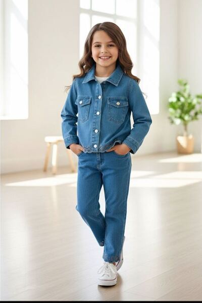 Minigimin Cicileri My Little One's Laser Cut Floral Pattern Denim Girl's 2-Piece Set - Blue