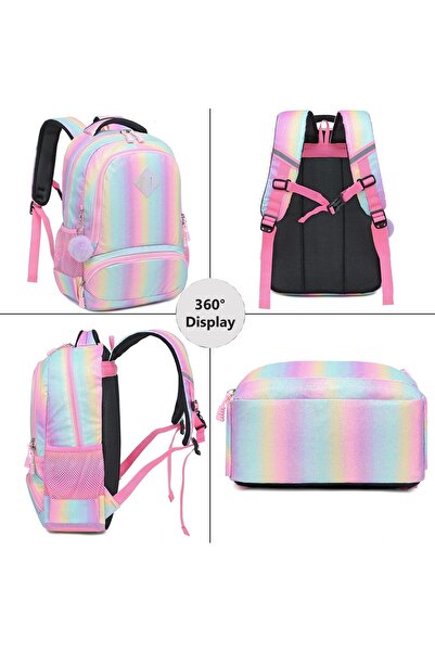 Generic 3-in-1 Cute Girls Backpack Set - Rainbow Pastel Glitter (Backpack, Lunch Bag, Pencil Case)