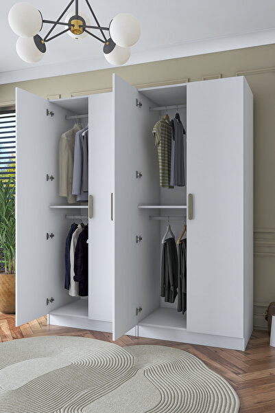 Rani Mobilya Rani BA163 Geniş Gardırop Elbise Dolabı 4 Kapaklı 2 Raflı 4 Askılı Modüler Dolap Beyaz