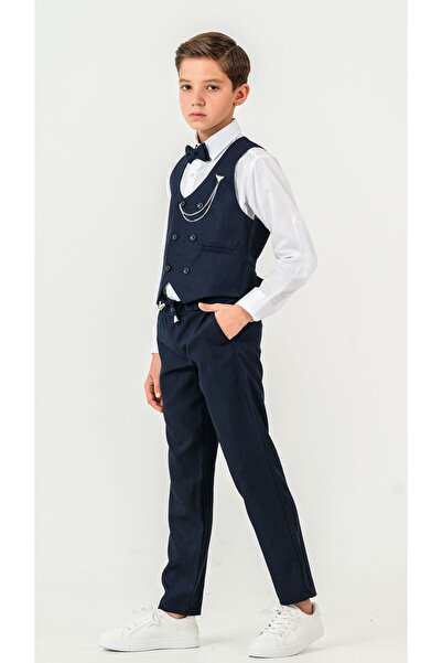 Atlas Kids Boy's Tuxedo Suit – Vest Set Bow Tie Shirts with Jogger Pants and Chains Set of 5