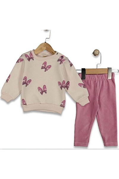 bebegen Kız Bebek Ekru Pempe Fiyonklu Baskılı Kadife Fitillli Taytlı 2'li Takım