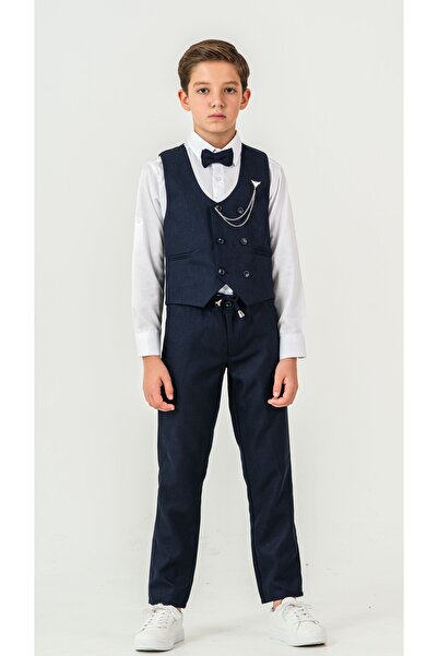 Atlas Kids Boy's Tuxedo Suit – Vest Set Bow Tie Shirts with Jogger Pants and Chains Set of 5