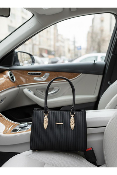 Elory Grace Women's Black Leather Shoulder Bag – Handbag, Shoulder Bag, Gold Yellow Detail