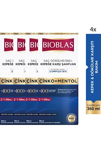 Bioblas Saç Dökülmesi + Kepek Karşıtı Şampuan – Çinko, Mentol, Kremli 360 ML 4 Adet