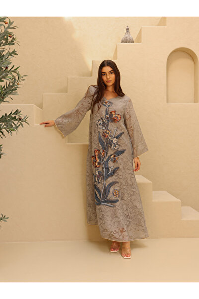 IKKXA Elegant Sequin Floral Applique Jalabiya