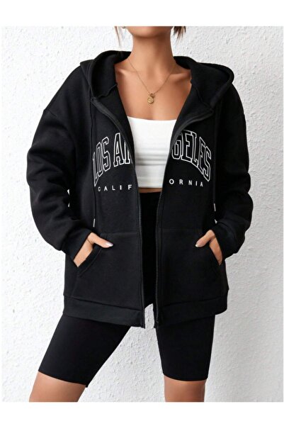 RASCHA Unisex Black Los Angeles Zipper Hooded Cardigan