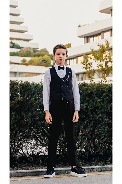Atlas Kids Boy's Tuxedo Suit – Vest Set Bow Tie Shirts with Jogger Pants and Chains Set of 5