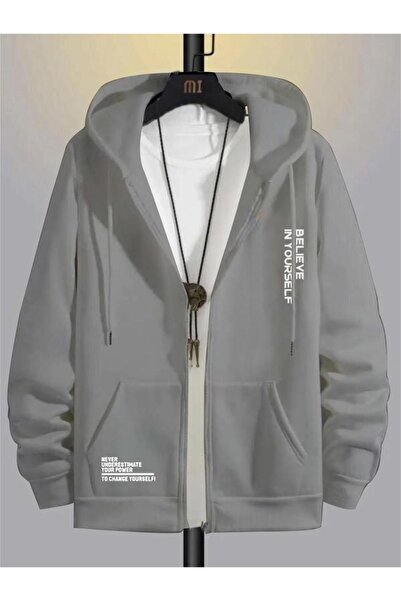 RASCHA سترة رجالية باللون الرمادي الدخاني مطبوع عليها Believe بغطاء رأس قصة فضفاضة