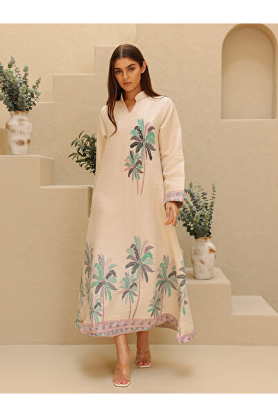 IKKXA Elegant Printed Jalabiya Palms Design