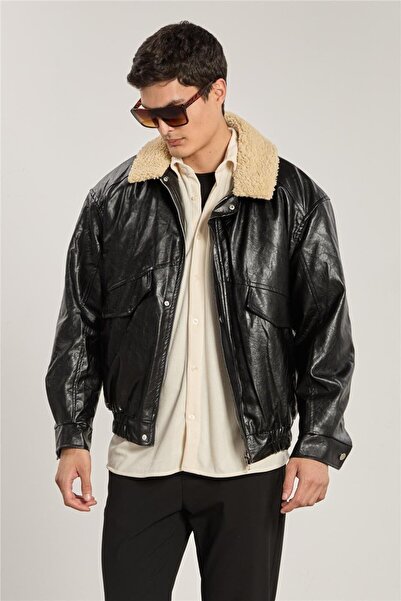 BARRELS AND OIL سترة رجالية بياقة فرو من نوع بومبر - أسود