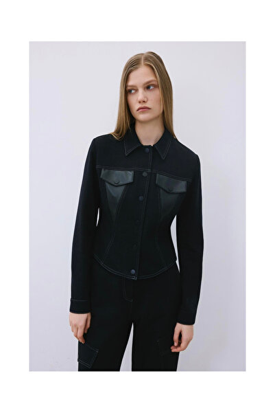 Valerin Antakya Suni Deri Detaylı Siyah Triko Gömlek