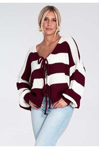 Figl Pulover cu dungi pentru femei - Pulover tricotat - Pulover vișiniu M1244...