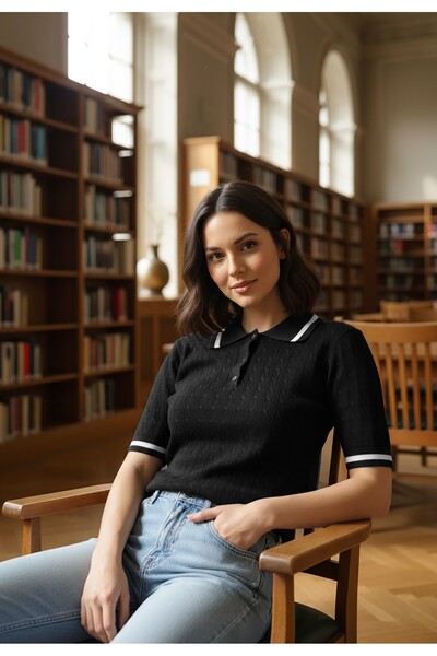 Figl Women's polo shirt - Pullover with collar - Black sweater M1268 size S