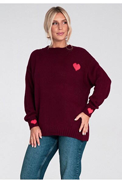 Figl Pulover cu inimă - Pulover tricotat gros - Pulover vișiniu M1240 mărimea M
