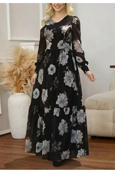 JANES Women's Long Sleeve V Neck Floral Print Maxi Single Jersey Dress