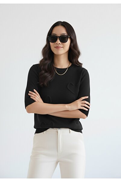 Figl Women's Heart Sweater - Women's Short Sleeve Sweater - Black M1278 size M